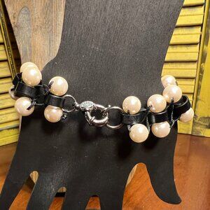 Lee Angel Black Link and Faux Pearl Bracelet